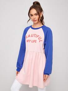 SHEIN Unity Jersey Con Mangas Raglán Y Volante Con Gráfico De Eslogan - Rosa Pálido - Ver 4