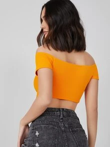 SHEIN BASICS 含棉熒光橙一字肩素色短款T恤 - 橘色 - 查看 2