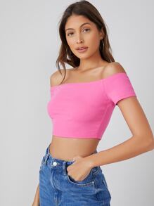 SHEIN BASICS 含棉一字肩素色短款T恤 - 粉色 - 查看 3