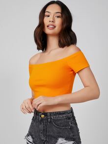 SHEIN BASICS 含棉熒光橙一字肩素色短款T恤 - 橘色 - 查看 3