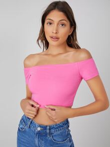 SHEIN BASICS 含棉一字肩素色短款T恤 - 粉色 - 查看 4