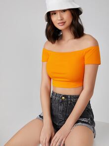 SHEIN BASICS 含棉熒光橙一字肩素色短款T恤 - 橘色 - 查看 4