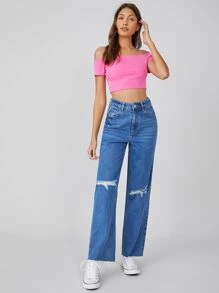 SHEIN BASICS 含棉一字肩素色短款T恤 - 粉色 - 查看 5