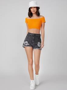 SHEIN BASICS 含棉熒光橙一字肩素色短款T恤 - 橘色 - 查看 5