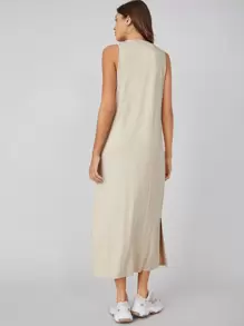 SHEIN BASICS 開衩下擺素色洋裝 - 米色 - 查看 3