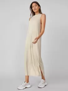 SHEIN BASICS 開衩下擺素色洋裝 - 米色 - 查看 4