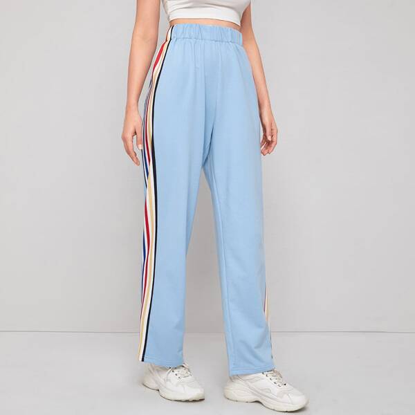 

Contrast Striped Side Pants, Pastel baby blue