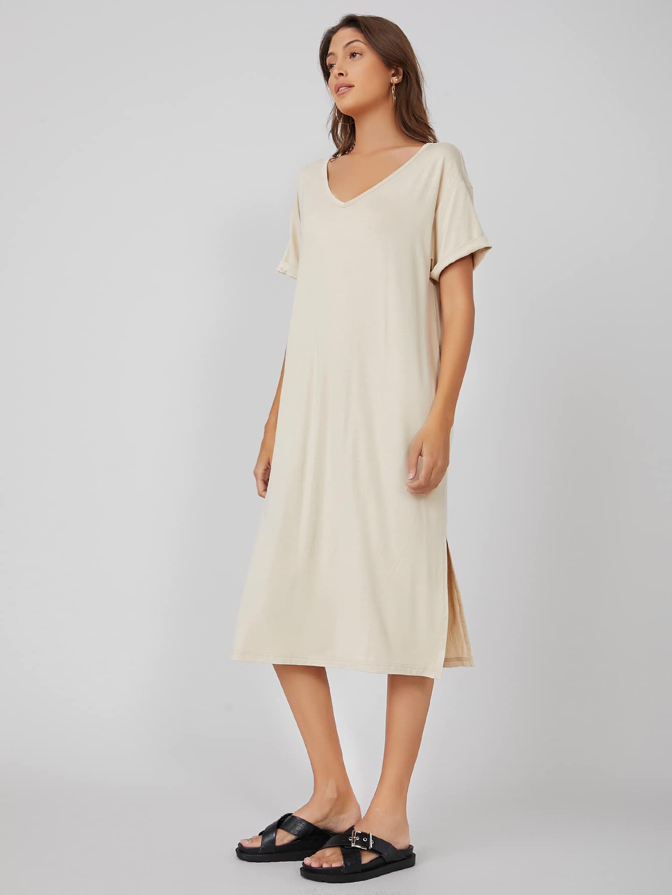 SHEIN BASICS Rolled Cuff Slit Hem Dress - Beige - View 3