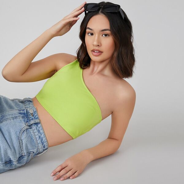 

One Shoulder Solid Crop Top, Lime green