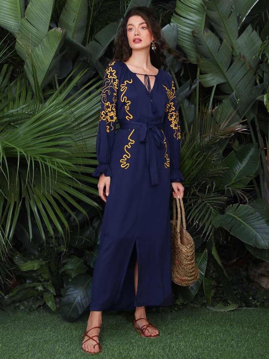 SHEIN Tassel Tie Front Ruffle Cuff Split Hem Dress - Navy Blue - View 1