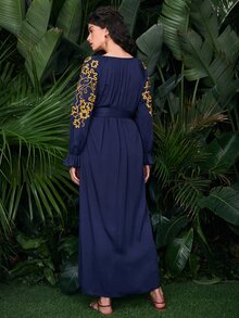 SHEIN Tassel Tie Front Ruffle Cuff Split Hem Dress - Navy Blue - View 2