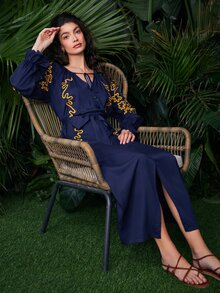 SHEIN Tassel Tie Front Ruffle Cuff Split Hem Dress - Navy Blue - View 3