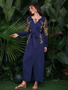 SHEIN Tassel Tie Front Ruffle Cuff Split Hem Dress - Navy Blue - View 4