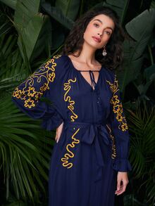 SHEIN Tassel Tie Front Ruffle Cuff Split Hem Dress - Navy Blue - View 5