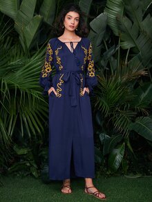 SHEIN Tassel Tie Front Ruffle Cuff Split Hem Dress - Navy Blue - View 6