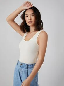 SHEIN BASICS 大圓領素色背心上衣 - 米色 - 查看 3