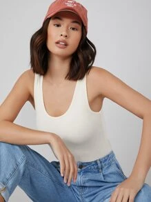 SHEIN BASICS 大圓領素色背心上衣 - 米色 - 查看 4