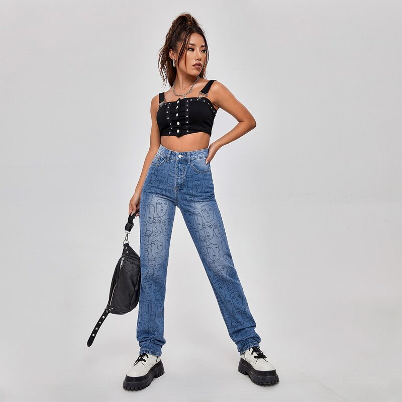 

High Waist Figure Graphic Jeans, Medium wash