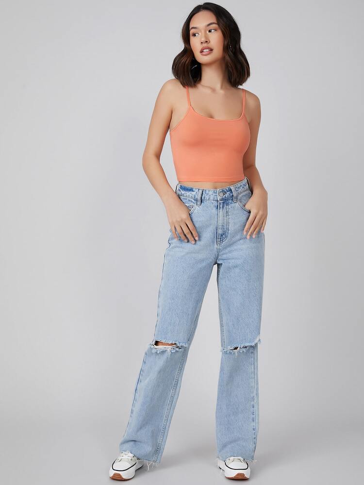 SHEIN BASICS Solid Form Fitted Crop Cami Top - Coral Orange - View 5