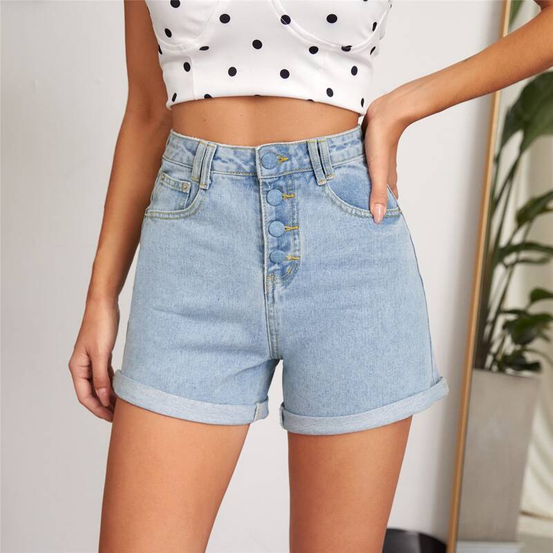 

Button Fly Roll Hem Denim Shorts, Light wash