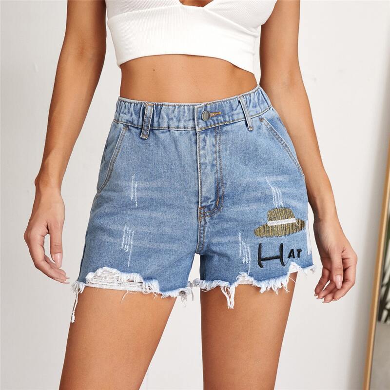 

Raw hem Letter Embroidery Denim Shorts, Light wash
