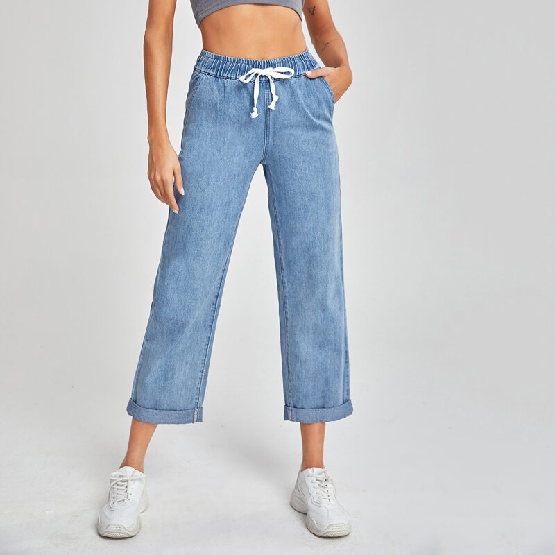 

Drawstring Waist Roll Hem Jeans, Light wash