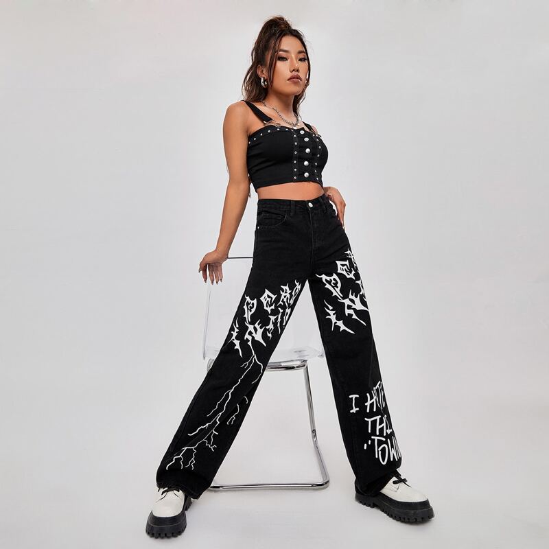 

Letter & Lightning Print Straight Jeans, Black