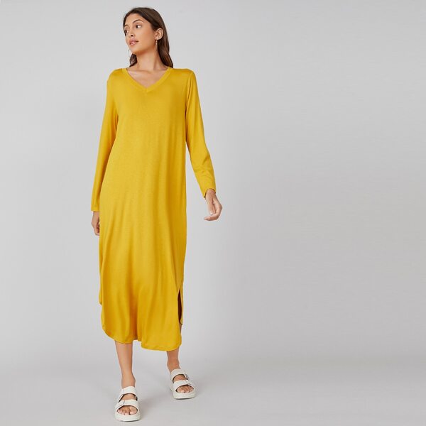 

Solid V Neck Tee Dress, Mustard yellow