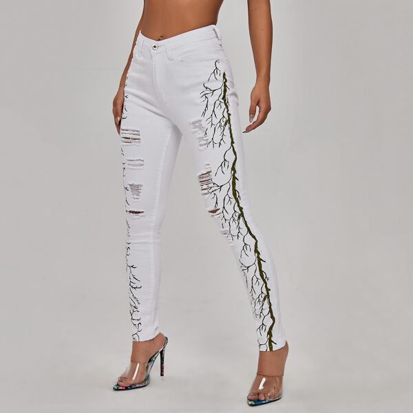 

Graphic Print Ripped Skinny Jeans, White