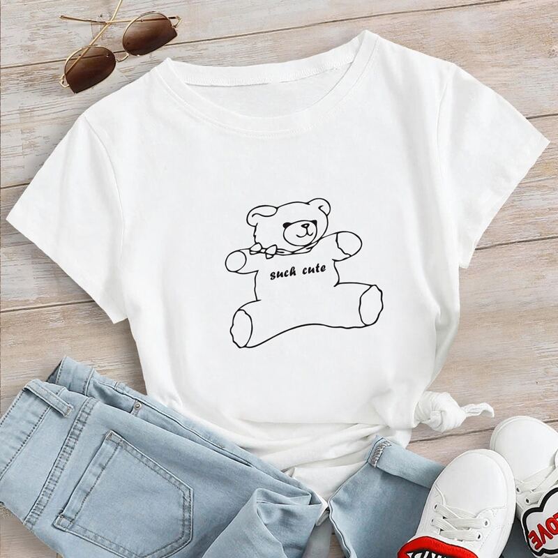 

Cartoon Bear Print Tee, White