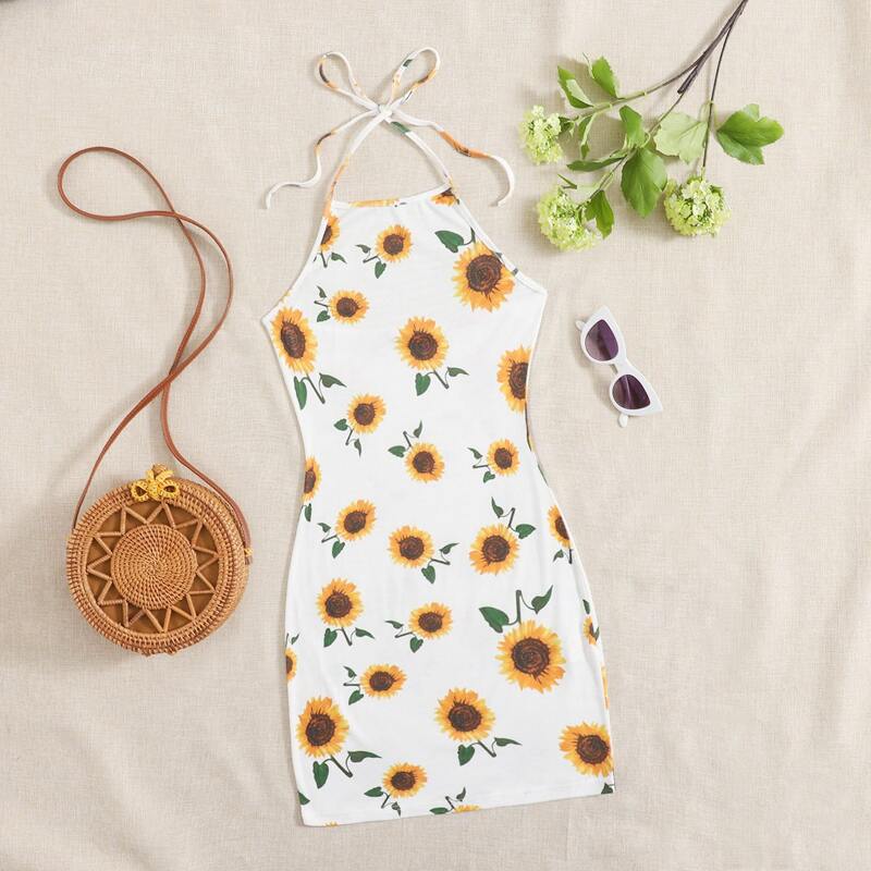 

Sunflower Print Tie Back Halter Dress, White