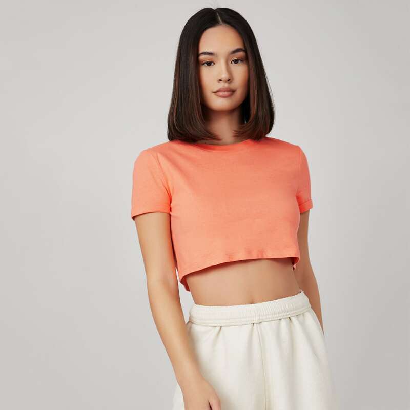 

Cuffed Sleeve Solid Crop Tee, Coral orange