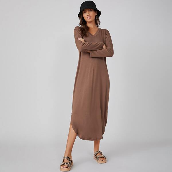 

Solid V Neck Tee Dress, Mocha brown