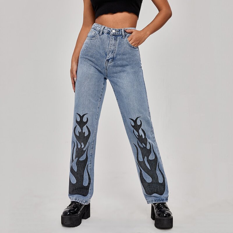

High Waist Fire Print Jeans, Light wash