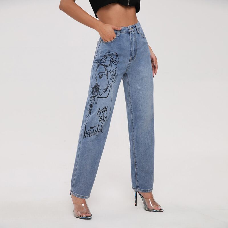 

High Waist Letter & Figure Graphic Jeans, Medium wash