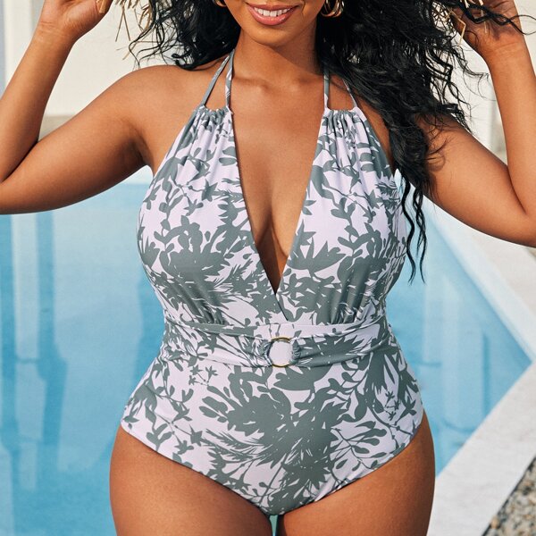 

Plus Leaf Print Ring Linked One Piece Swimsuit, Multicolor