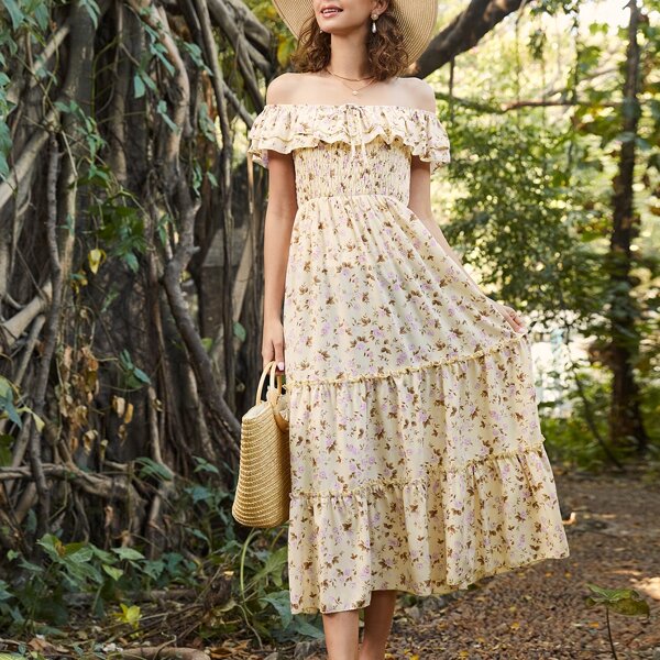 

All Over Floral Print Ruffle Trim Shirred Bardot Dress, Multicolor