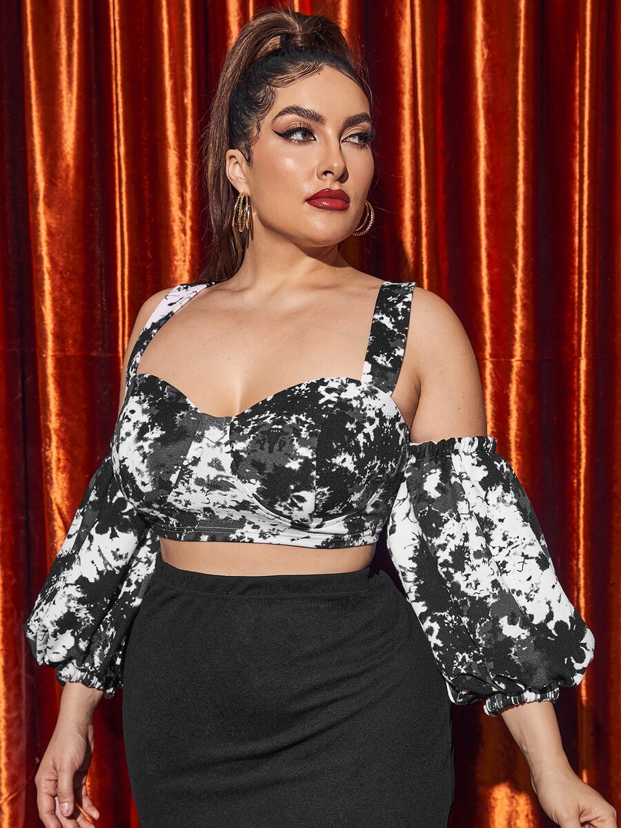 SHEIN 大碼挖肩紮染短版上衣 - 黑與白 - 查看 1