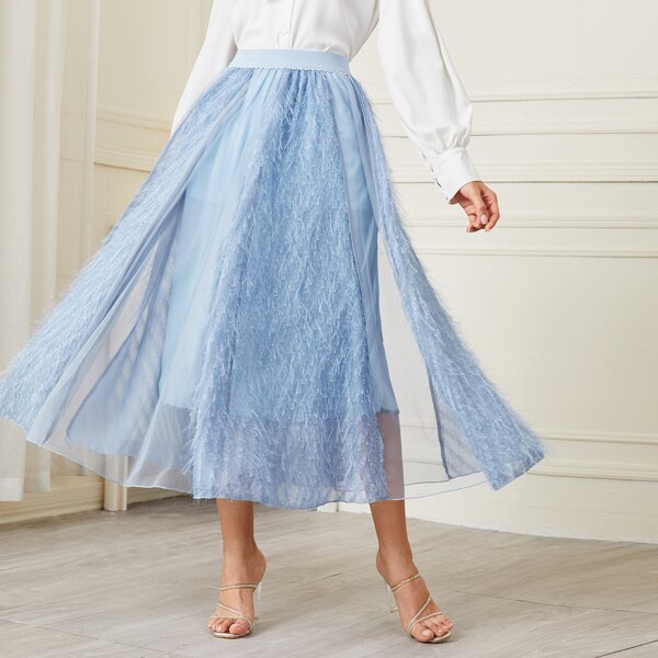 

Contrast Mesh Fuzzy Flared Skirt, Baby blue