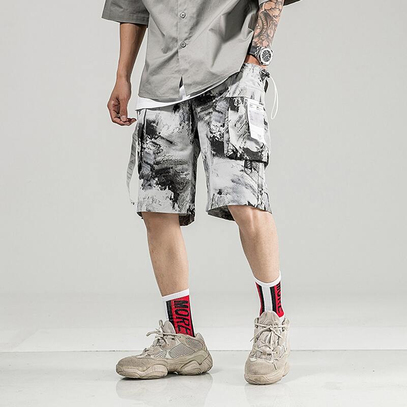 

Unisex Brushstroke Print Patched Shorts, Grey
