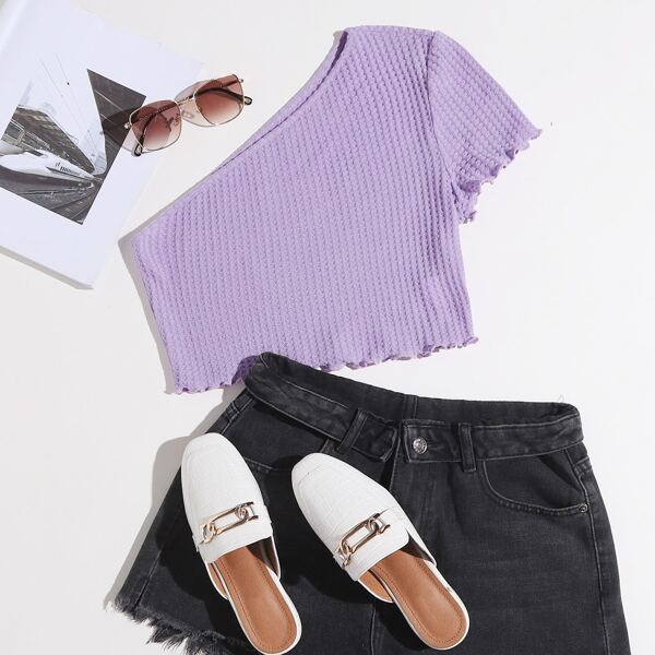 

One Shoulder Lettuce Trim Crop Tee, Purple