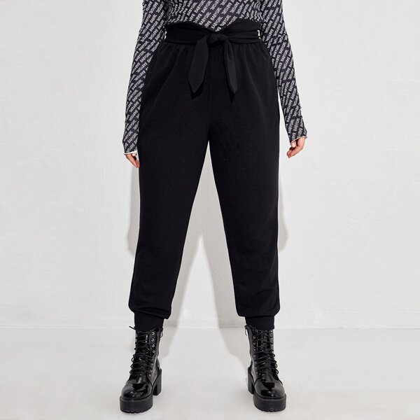 

Plus High Waist Belted Pants, Black