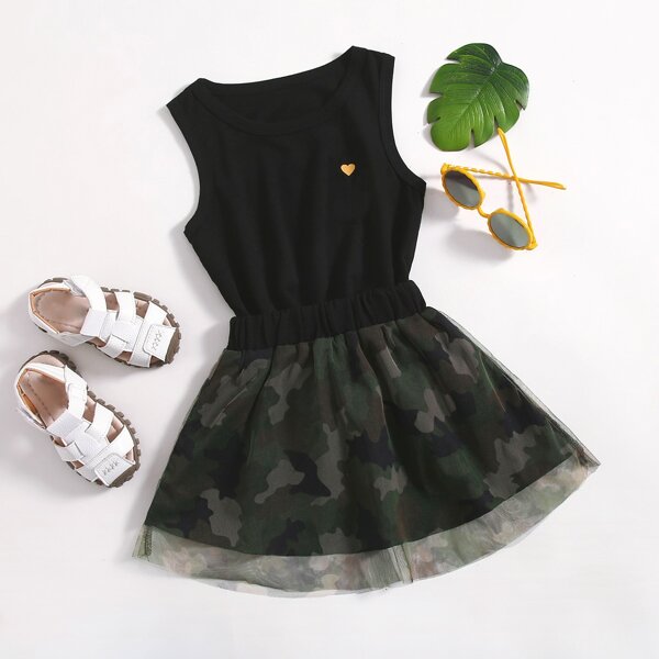

Toddler Girls Heart Print Tank Top With Mesh Overlay Camo Skirt, Black