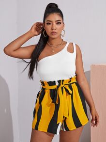 SHEIN Plus One Shoulder Slim Top & Belted Shorts Set - Multicolor - View 1