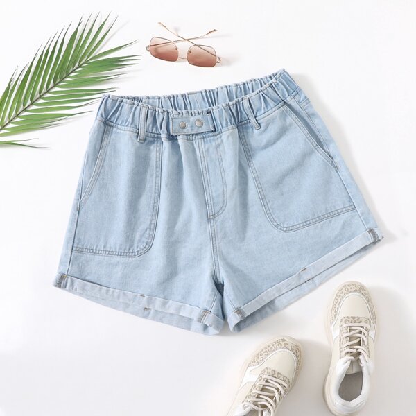 

Plus Slant Pocket Roll Hem Denim Shorts, Light wash