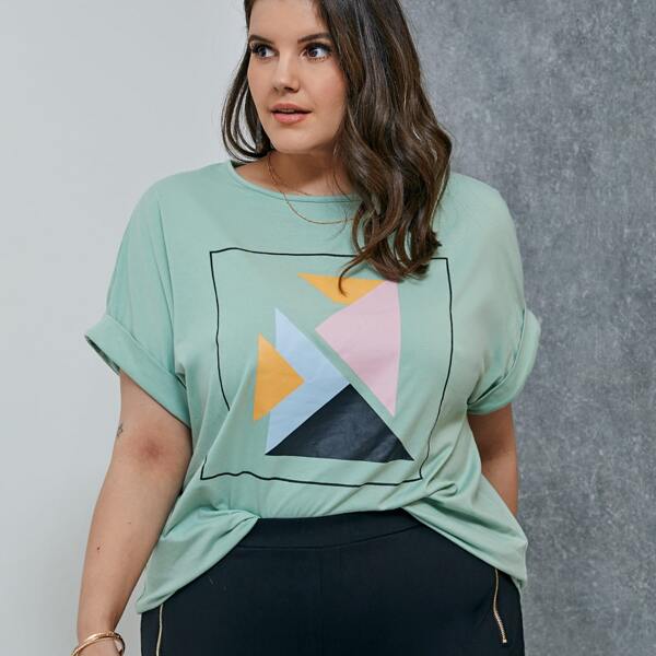 

Plus Geo Print Roll Up Sleeve Tee, Mint green
