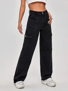 Jeans rectos con bolsillo con solapa de cintura alta - Negro - Ver 1