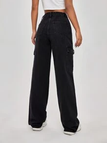 Jeans rectos con bolsillo con solapa de cintura alta - Negro - Ver 2