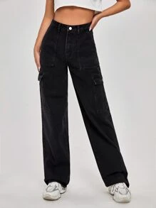 Jeans rectos con bolsillo con solapa de cintura alta - Negro - Ver 3