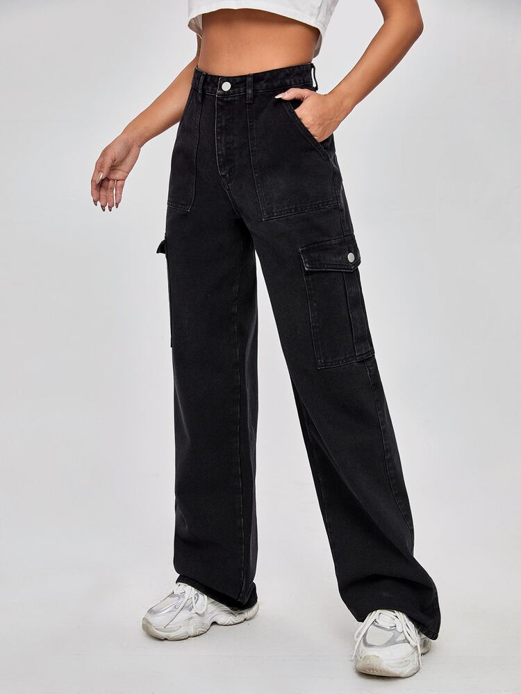 High Waist Flap Pocket Straight Jeans - Black - View 4